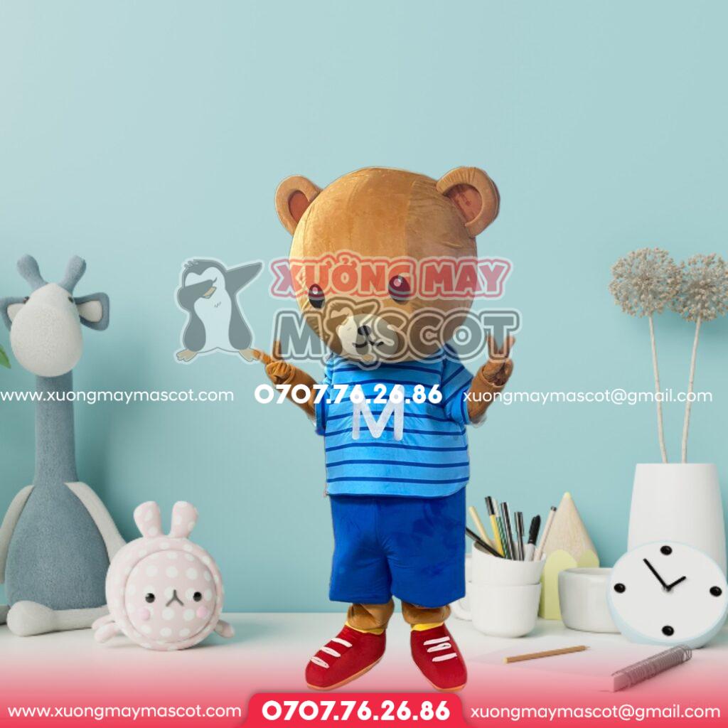 MASCOT GẤU NÂU MẶC ÁO KẺ